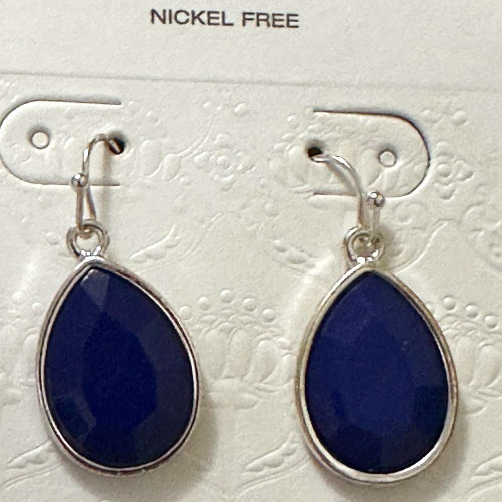2/$15 Large Silver tone bezel set dark blue teardrop hook earrings